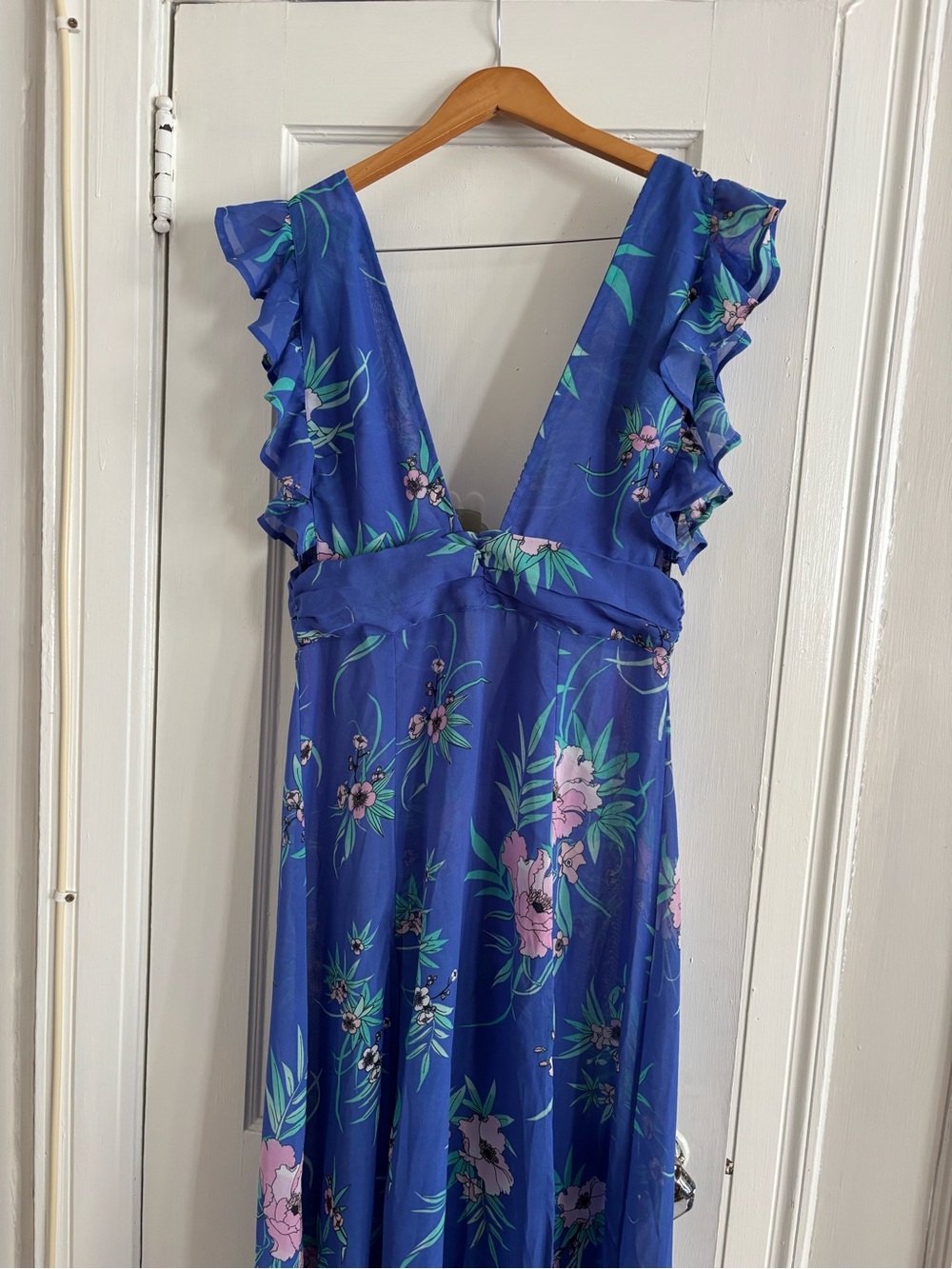 Floral Ruffle Sleeve Blue Maxi Dress